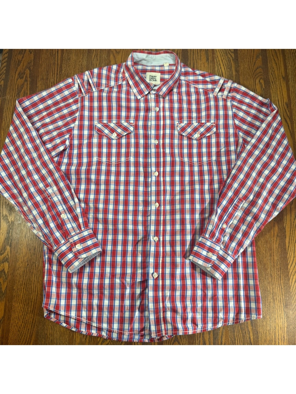 PD&C Men’s LongSleeve Red White and Blue Plaid Button Shirt XL 100% Cotton